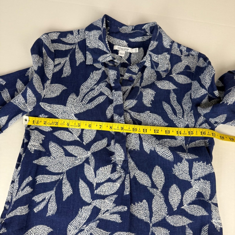 Chicos Navy Blue White Linen Botanical Leaf Print Shirt Dress Size 00 US 2 - Picture 6 of 9